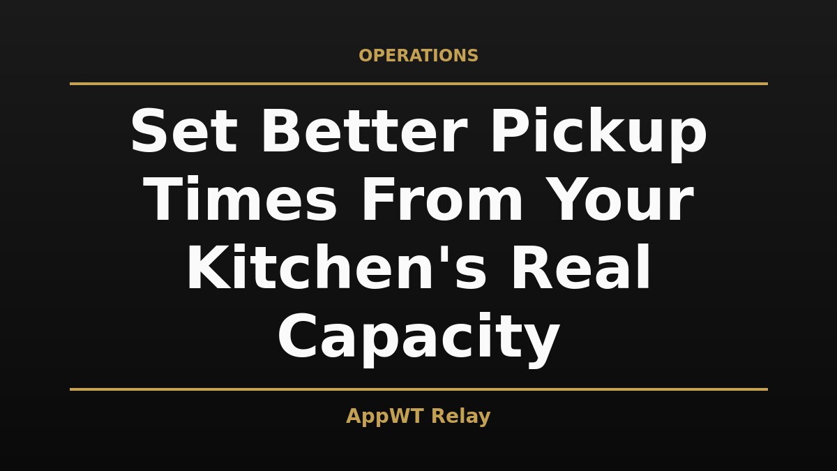 Black and gold title card reading Set Better Pickup Times From Your Kitchen's Real Capacity, with the AppWT Relay name in gold along the bottom edge